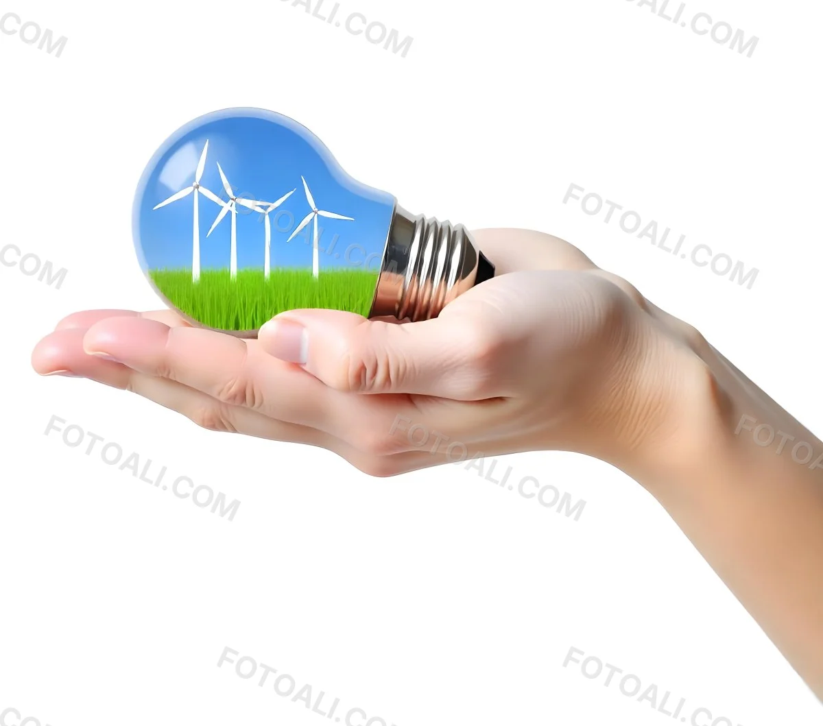 A Light Skinned Hand Holding A Light Bulb With Wind Turbines Inside Green Grass Blue Sky White Background 29 536f
