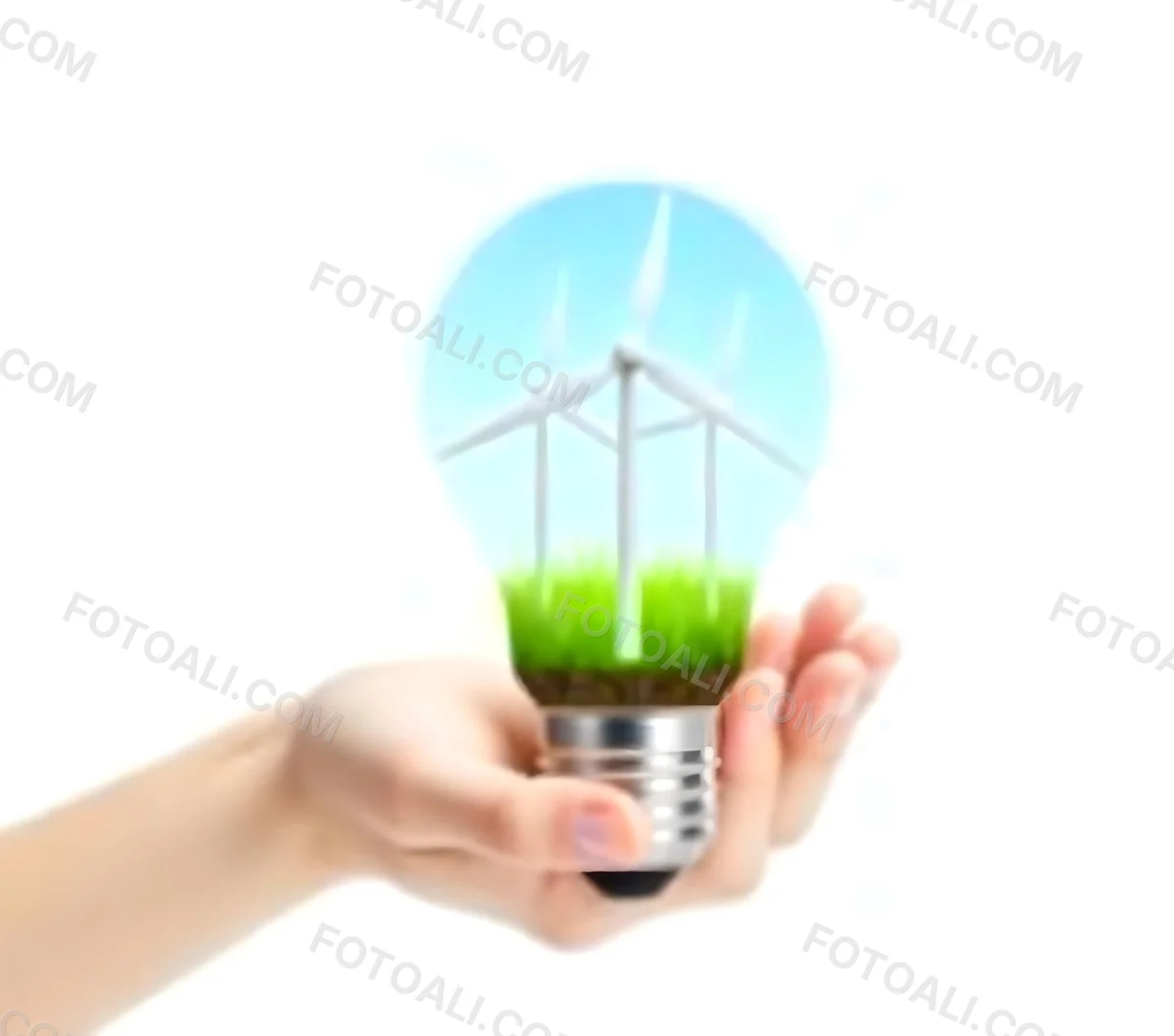 A Light Skinned Hand Holding A Light Bulb With Wind Turbines Inside Green Grass Blue Sky White Background 3 272f