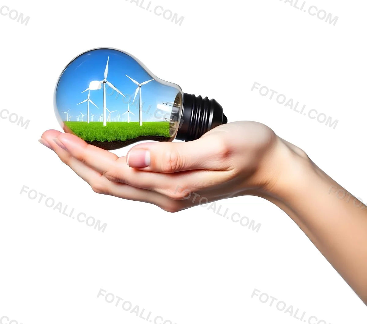 A Light Skinned Hand Holding A Light Bulb With Wind Turbines Inside Green Grass Blue Sky White Background 30 7dc8