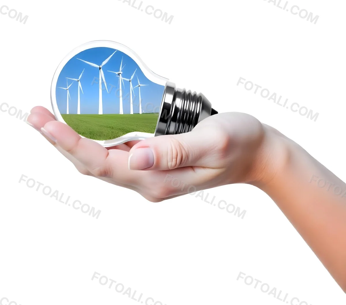 A Light Skinned Hand Holding A Light Bulb With Wind Turbines Inside Green Grass Blue Sky White Background 4 2eb9