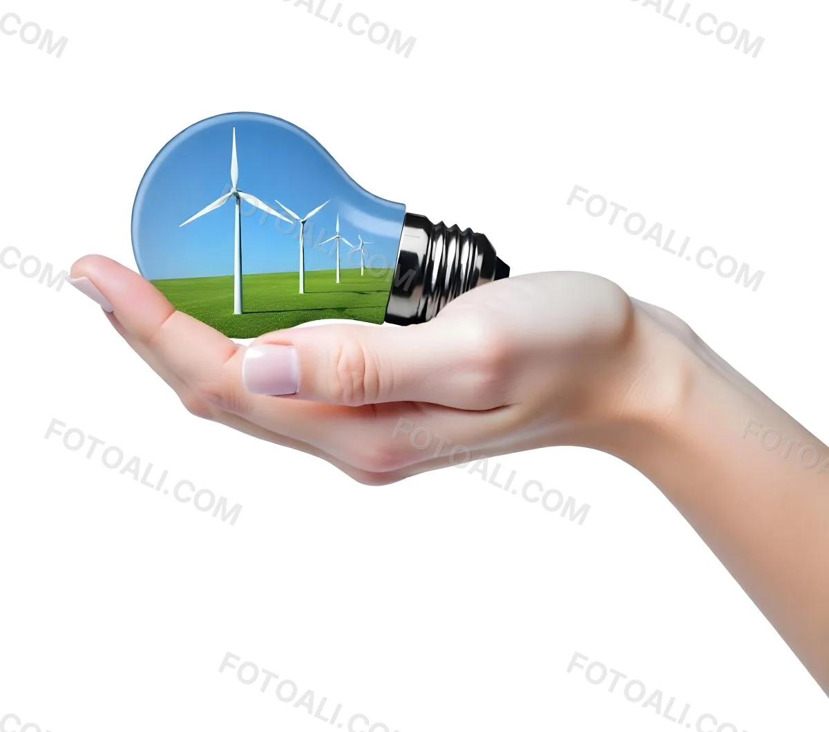 A Light Skinned Hand Holding A Light Bulb With Wind Turbines Inside Green Grass Blue Sky White Background 8 13e1