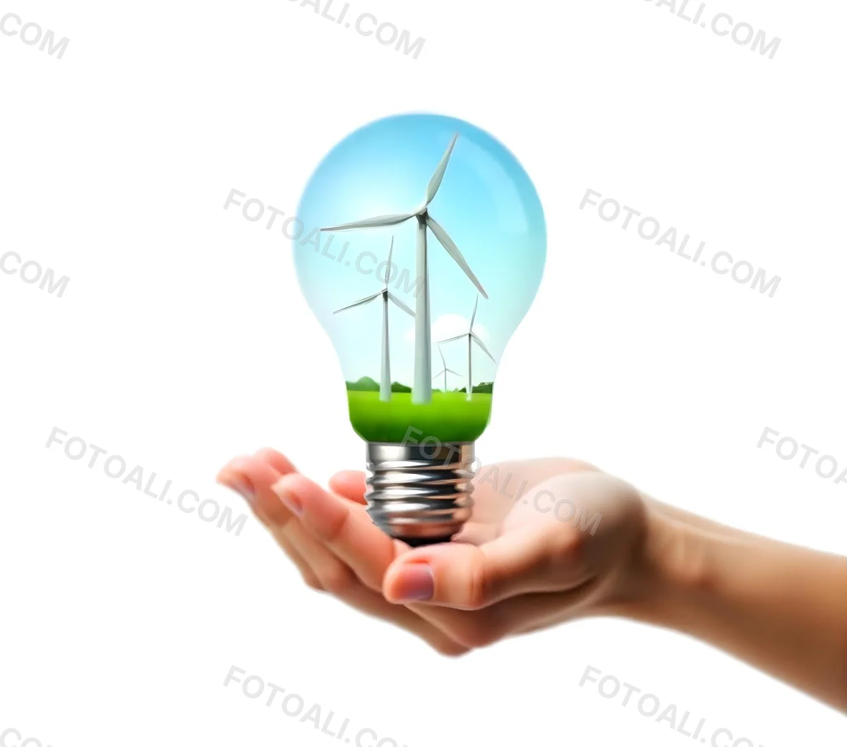 A Light Skinned Hand Holding A Light Bulb With Wind Turbines Inside Green Grass Blue Sky White Background 9 73e8
