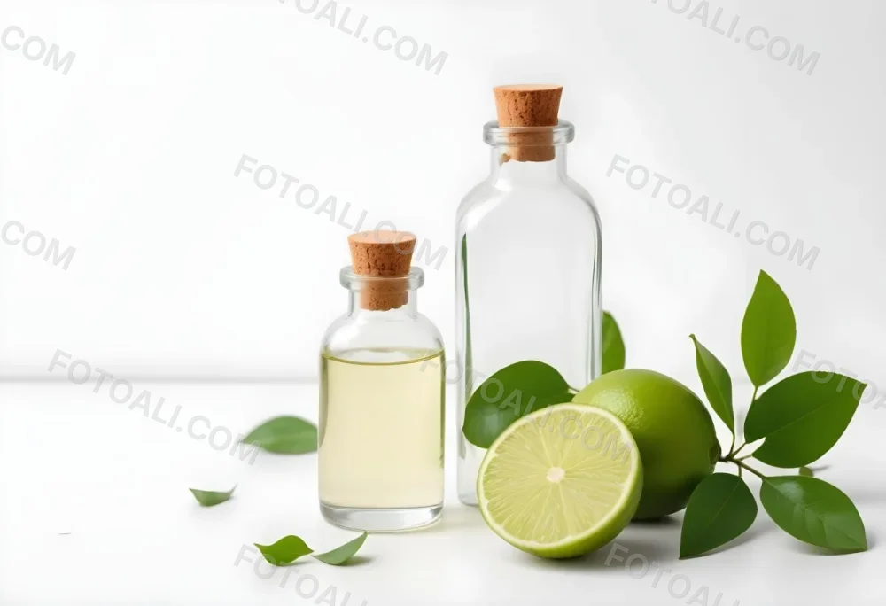 A Lime Slice Green Leaves And A Glass Bottle With Essential Oil On A White Background 1 5e65