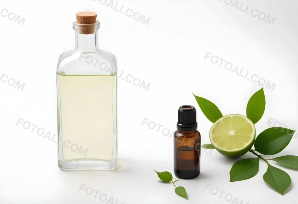 A Lime Slice Green Leaves And A Glass Bottle With Essential Oil On A White Background 11 A0d7