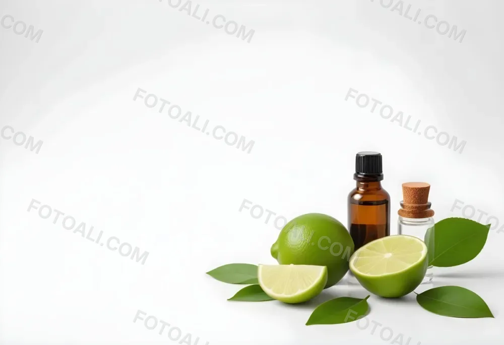 A Lime Slice Green Leaves And A Glass Bottle With Essential Oil On A White Background 12 8e23