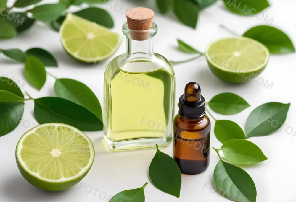 A Lime Slice Green Leaves And A Glass Bottle With Essential Oil On A White Background 13 Ea9e