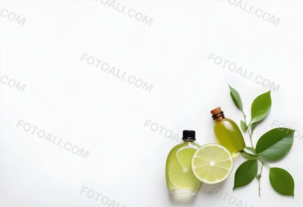 A Lime Slice Green Leaves And A Glass Bottle With Essential Oil On A White Background 15 46b6