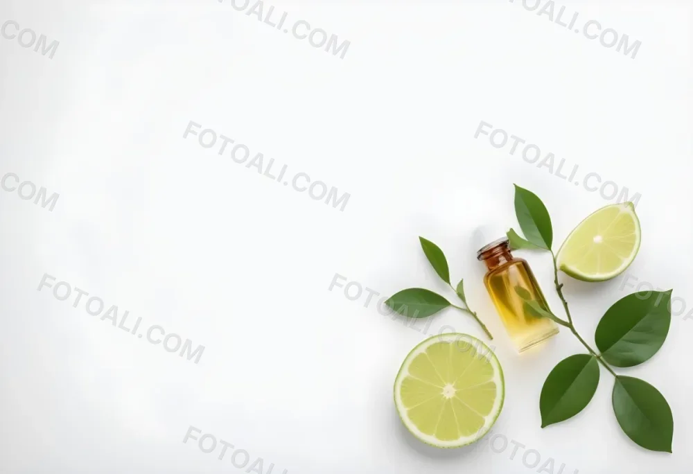 A Lime Slice Green Leaves And A Glass Bottle With Essential Oil On A White Background 17 106d