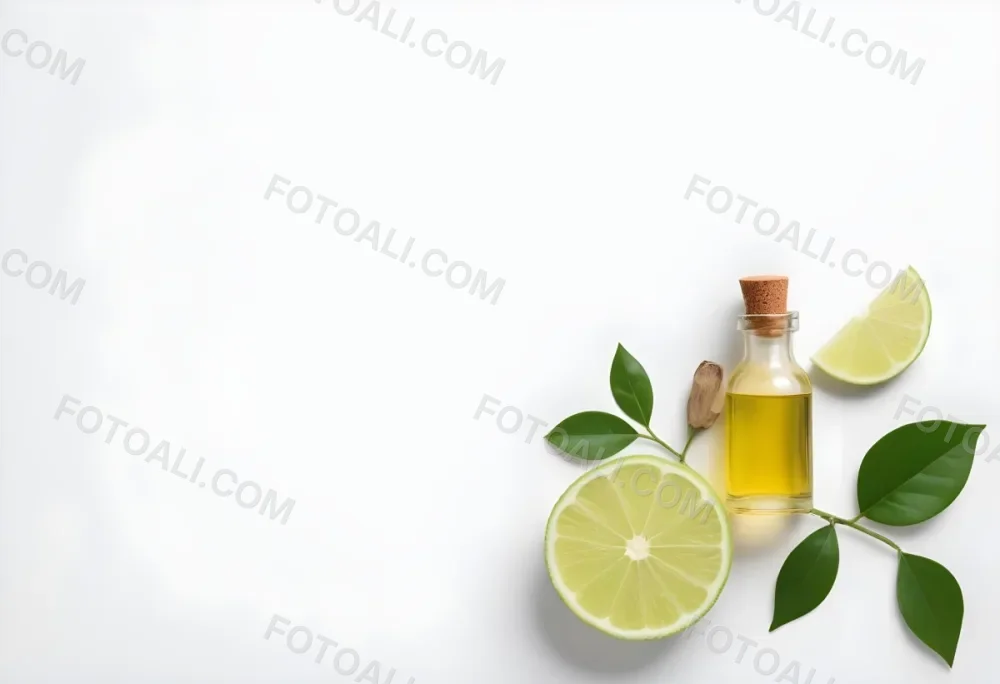 A Lime Slice Green Leaves And A Glass Bottle With Essential Oil On A White Background 18 97ef