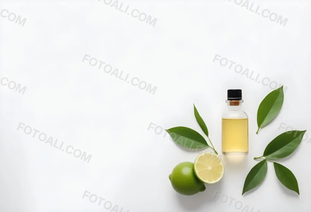 A Lime Slice Green Leaves And A Glass Bottle With Essential Oil On A White Background 2 E7da