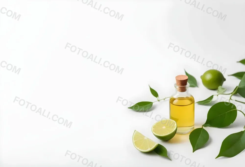 A Lime Slice Green Leaves And A Glass Bottle With Essential Oil On A White Background 20 D545