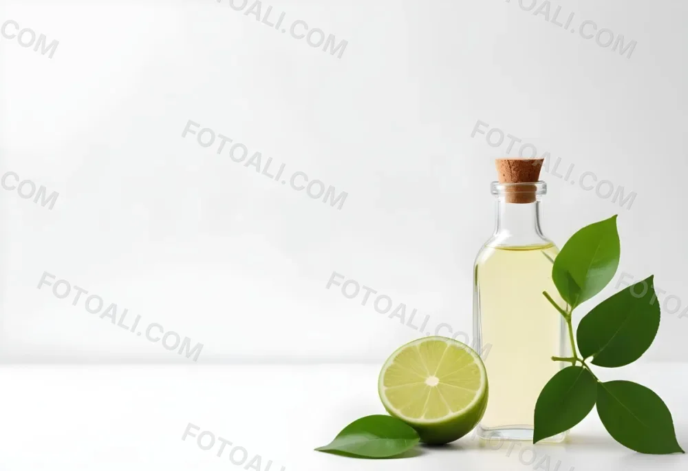 A Lime Slice Green Leaves And A Glass Bottle With Essential Oil On A White Background 21 0710
