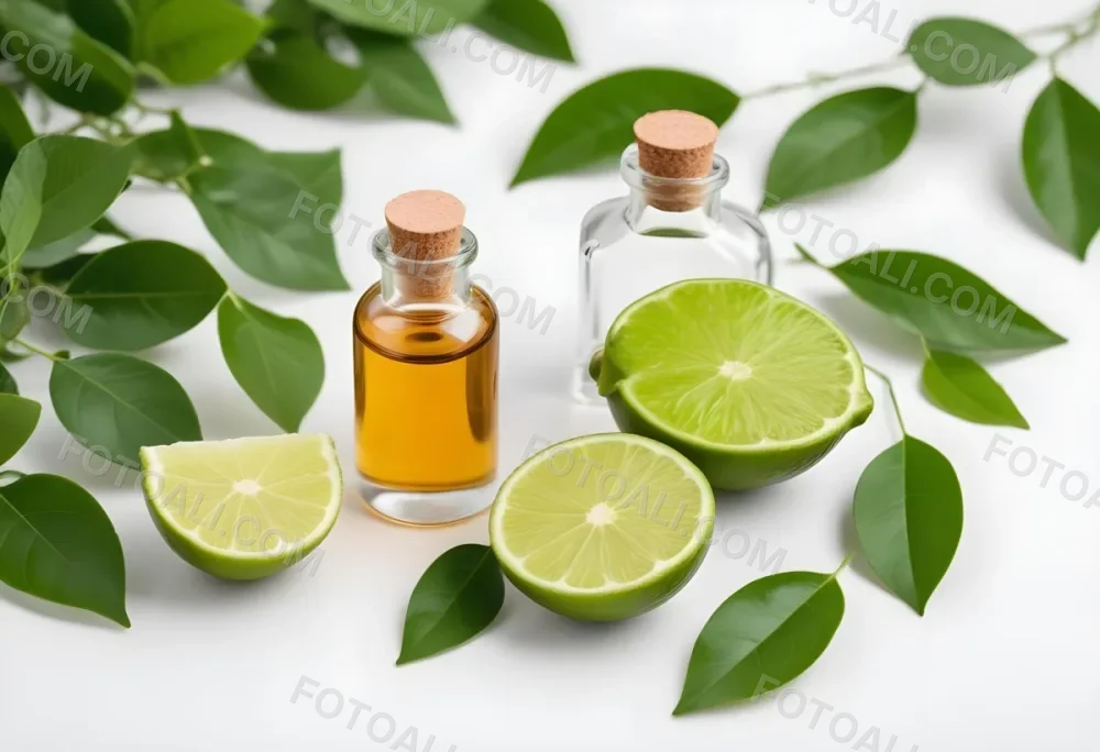 A Lime Slice Green Leaves And A Glass Bottle With Essential Oil On A White Background 22 32e5