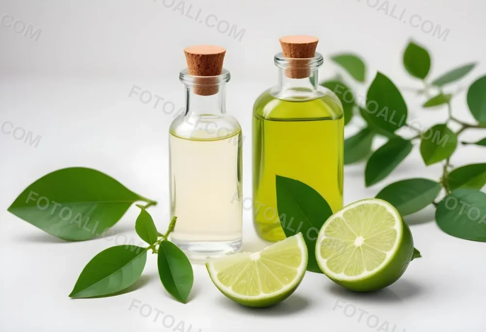 A Lime Slice Green Leaves And A Glass Bottle With Essential Oil On A White Background 23 B5aa