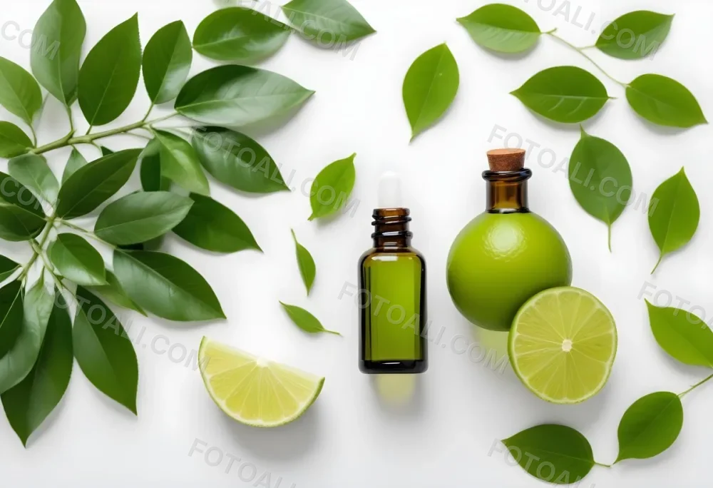 A Lime Slice Green Leaves And A Glass Bottle With Essential Oil On A White Background 3 2d26