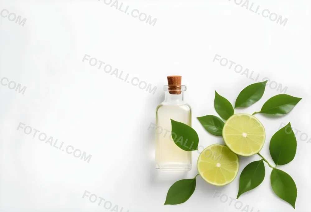 A Lime Slice Green Leaves And A Glass Bottle With Essential Oil On A White Background 4 083c