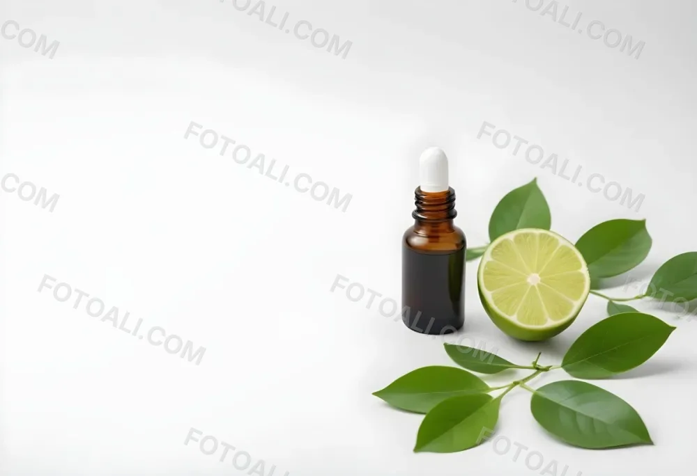 A Lime Slice Green Leaves And A Glass Bottle With Essential Oil On A White Background 5 1ec8