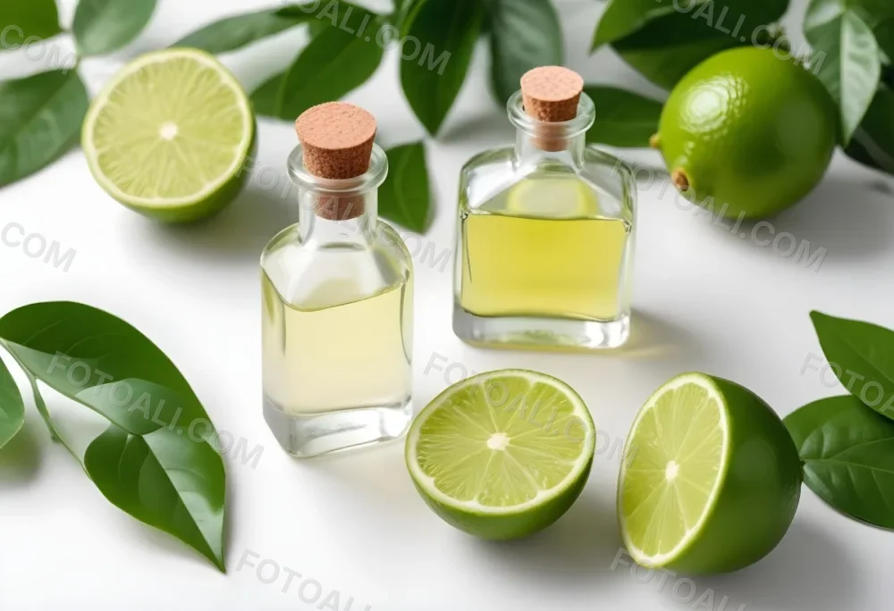 A Lime Slice Green Leaves And A Glass Bottle With Essential Oil On A White Background 7 0669