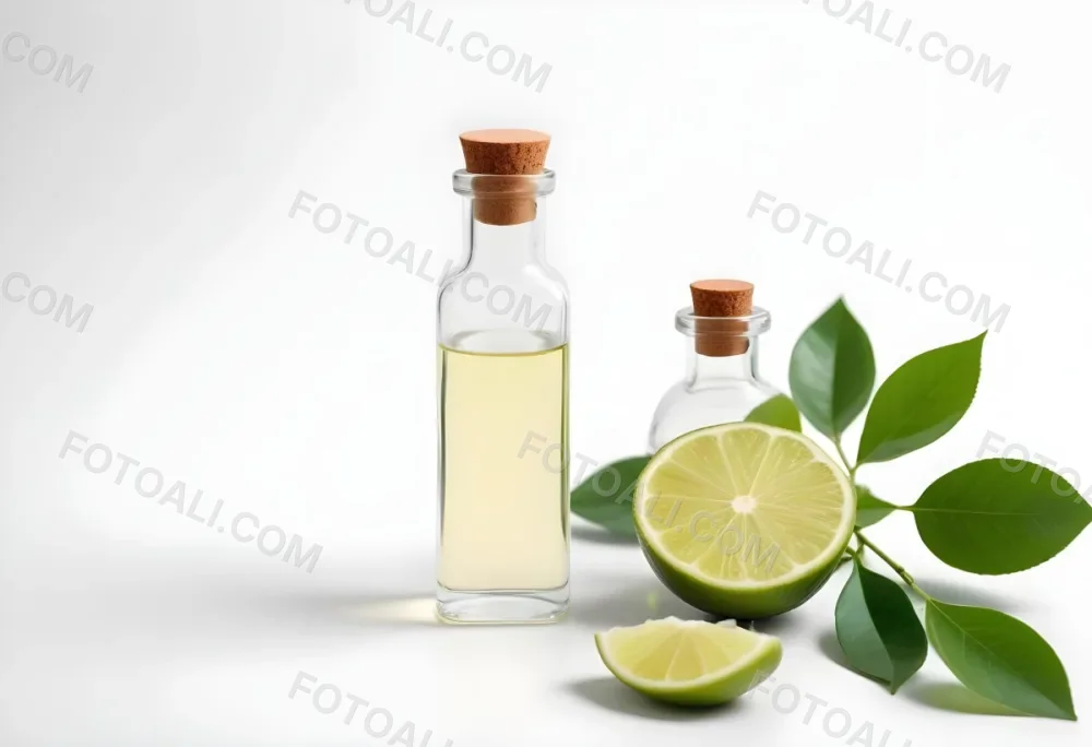 A Lime Slice Green Leaves And A Glass Bottle With Essential Oil On A White Background 8 2726