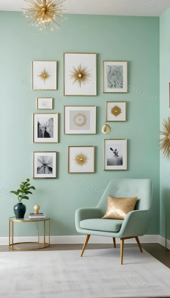 A Living Room With A Mint Green Wall Featuring A Gallery Wall Of Framed Sunflower Artwork The Room Also Includes A Light Colored Sofa And Chair A Table Lamp And A Potted Plant 10 D2f1
