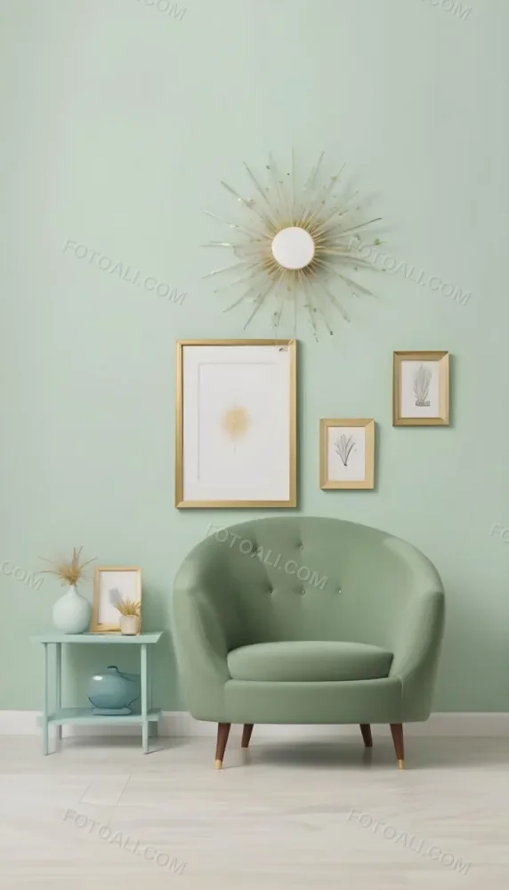 A Living Room With A Mint Green Wall Featuring A Gallery Wall Of Framed Sunflower Artwork The Room Also Includes A Light Colored Sofa And Chair A Table Lamp And A Potted Plant 14 490c
