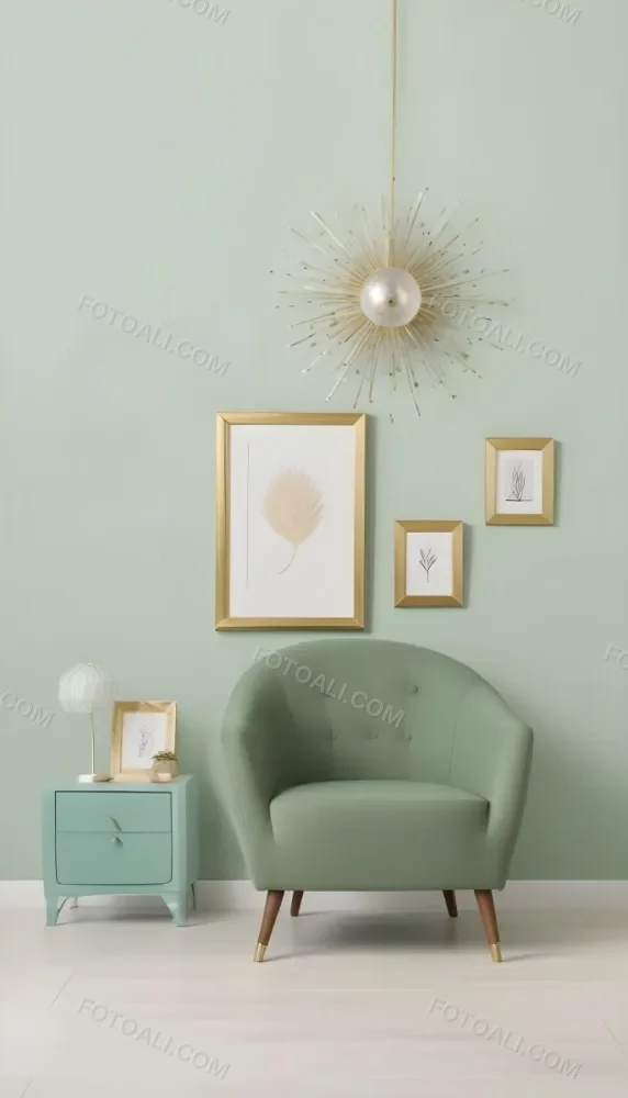 A Living Room With A Mint Green Wall Featuring A Gallery Wall Of Framed Sunflower Artwork The Room Also Includes A Light Colored Sofa And Chair A Table Lamp And A Potted Plant 15 A625