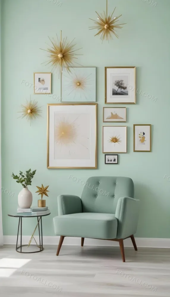 A Living Room With A Mint Green Wall Featuring A Gallery Wall Of Framed Sunflower Artwork The Room Also Includes A Light Colored Sofa And Chair A Table Lamp And A Potted Plant 16 B465
