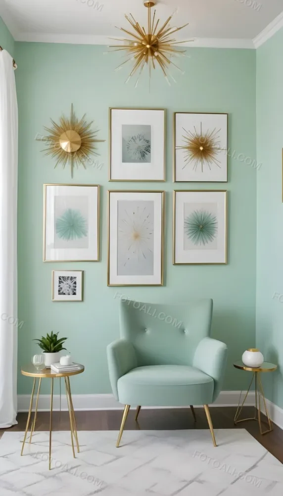 A Living Room With A Mint Green Wall Featuring A Gallery Wall Of Framed Sunflower Artwork The Room Also Includes A Light Colored Sofa And Chair A Table Lamp And A Potted Plant 17 2d14
