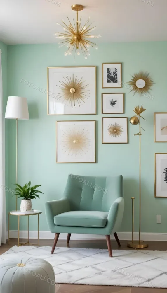 A Living Room With A Mint Green Wall Featuring A Gallery Wall Of Framed Sunflower Artwork The Room Also Includes A Light Colored Sofa And Chair A Table Lamp And A Potted Plant 2 B40f