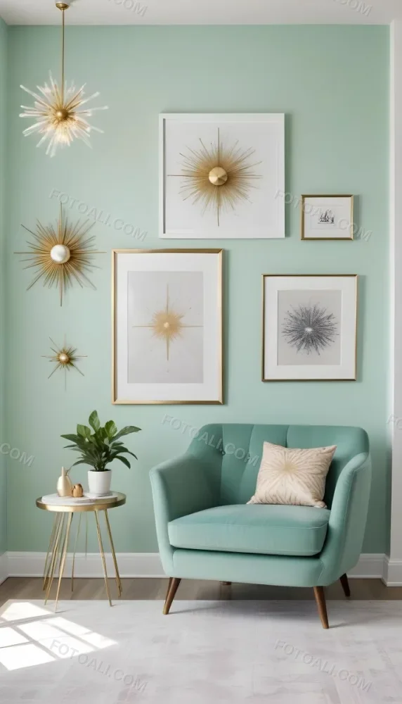 A Living Room With A Mint Green Wall Featuring A Gallery Wall Of Framed Sunflower Artwork The Room Also Includes A Light Colored Sofa And Chair A Table Lamp And A Potted Plant 3 Ff12