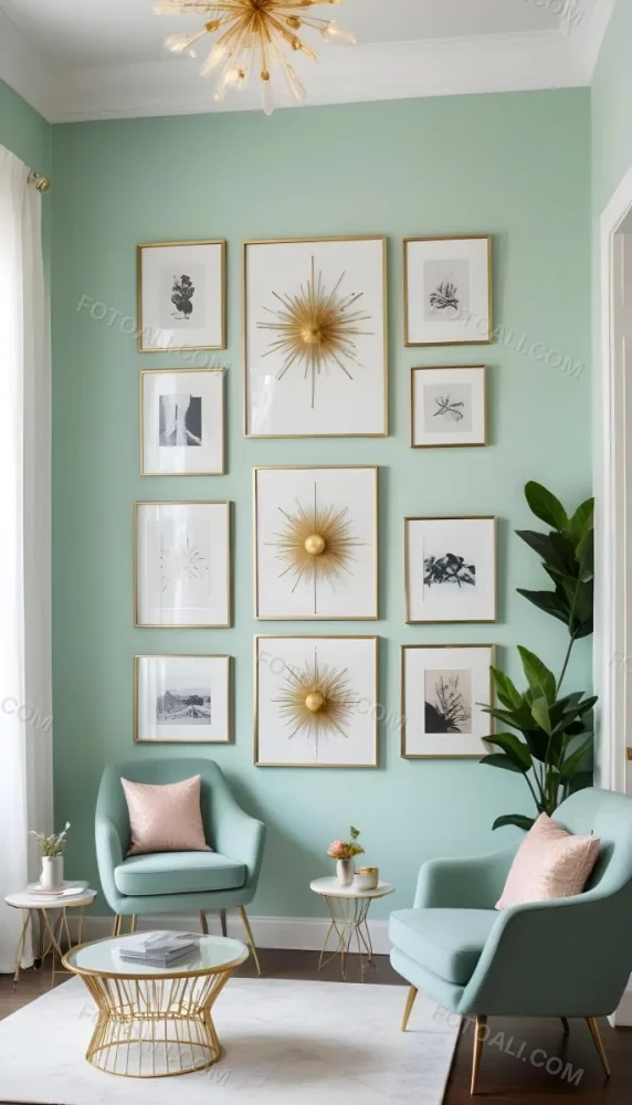 A Living Room With A Mint Green Wall Featuring A Gallery Wall Of Framed Sunflower Artwork The Room Also Includes A Light Colored Sofa And Chair A Table Lamp And A Potted Plant 4 995a