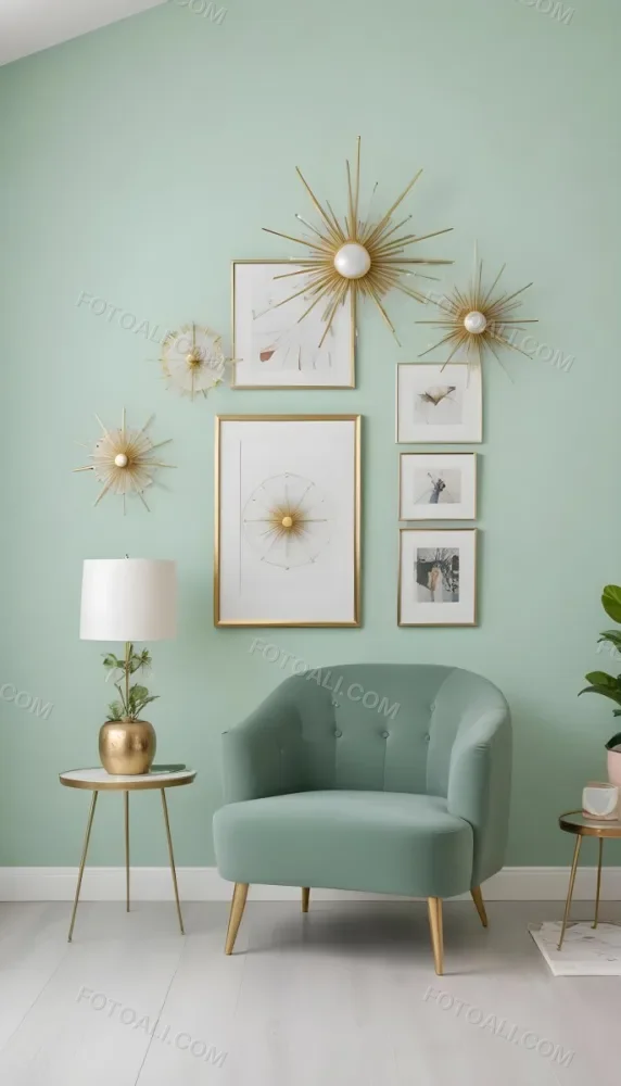 A Living Room With A Mint Green Wall Featuring A Gallery Wall Of Framed Sunflower Artwork The Room Also Includes A Light Colored Sofa And Chair A Table Lamp And A Potted Plant 5 Fe6f