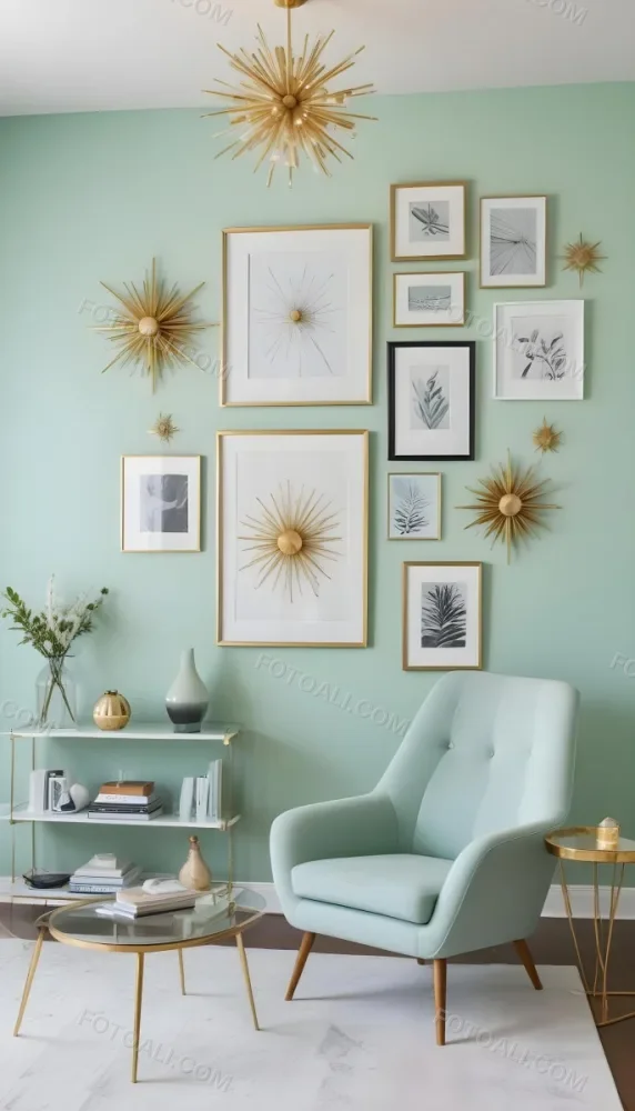 A Living Room With A Mint Green Wall Featuring A Gallery Wall Of Framed Sunflower Artwork The Room Also Includes A Light Colored Sofa And Chair A Table Lamp And A Potted Plant 6 C459