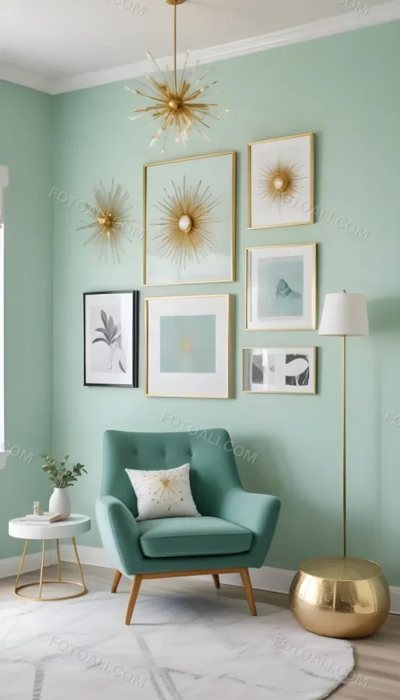 A Living Room With A Mint Green Wall Featuring A Gallery Wall Of Framed Sunflower Artwork The Room Also Includes A Light Colored Sofa And Chair A Table Lamp And A Potted Plant 7 5d56