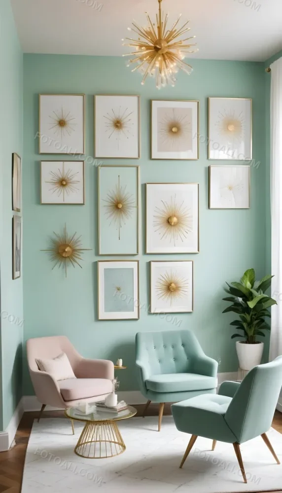 A Living Room With A Mint Green Wall Featuring A Gallery Wall Of Framed Sunflower Artwork The Room Also Includes A Light Colored Sofa And Chair A Table Lamp And A Potted Plant 8 E32e