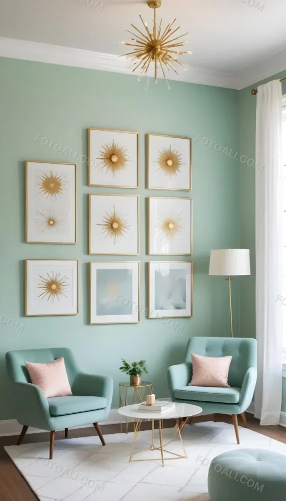 A Living Room With A Mint Green Wall Featuring A Gallery Wall Of Framed Sunflower Artwork The Room Also Includes A Light Colored Sofa And Chair A Table Lamp And A Potted Plant 9 A8de