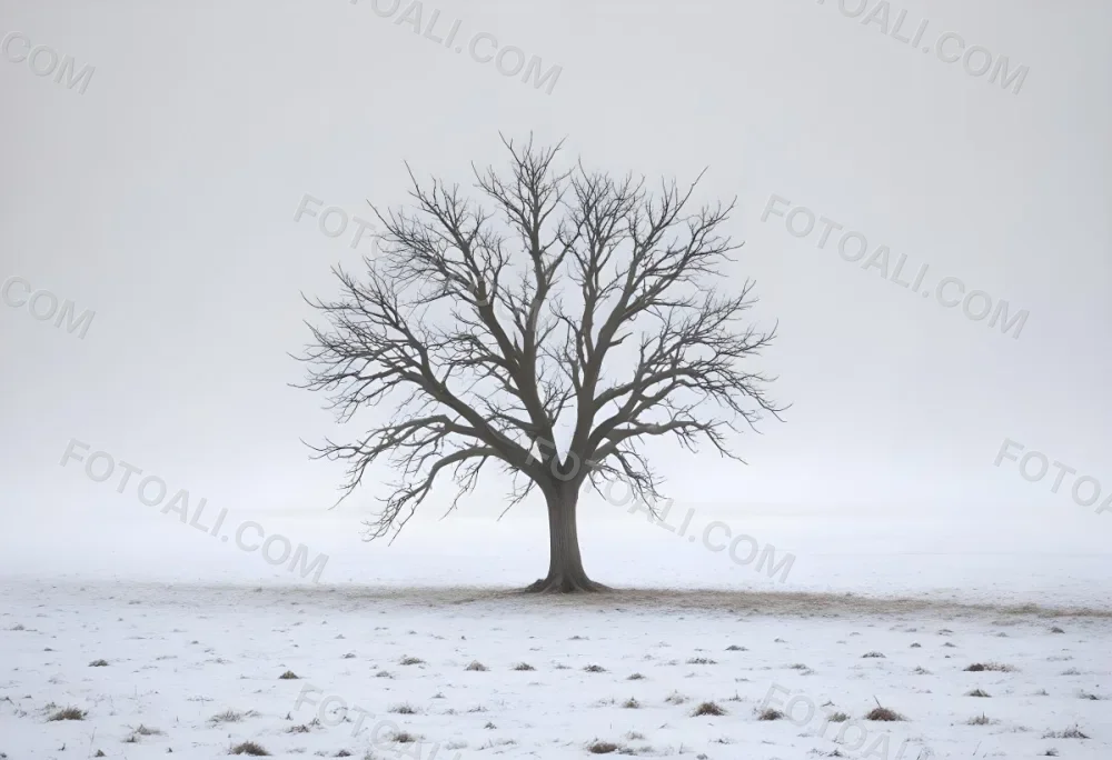 A Lone Bare Tree In A Snowy Field On A Foggy Winter Day 10 D32a