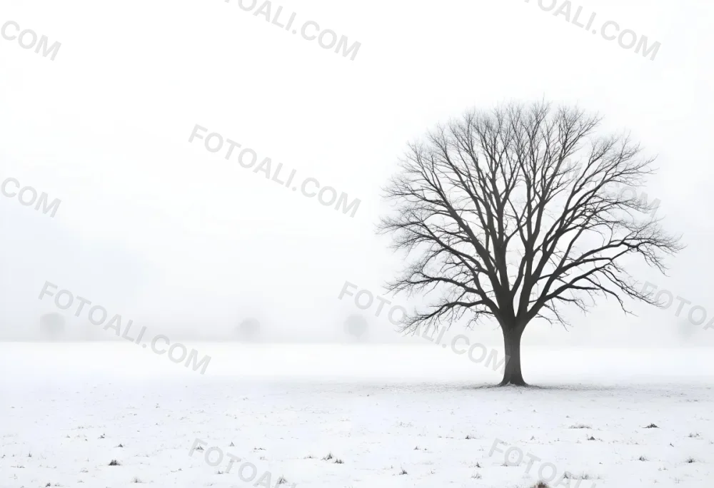 A Lone Bare Tree In A Snowy Field On A Foggy Winter Day 11 E3bc