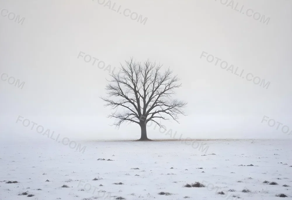 A Lone Bare Tree In A Snowy Field On A Foggy Winter Day 16 Fca3