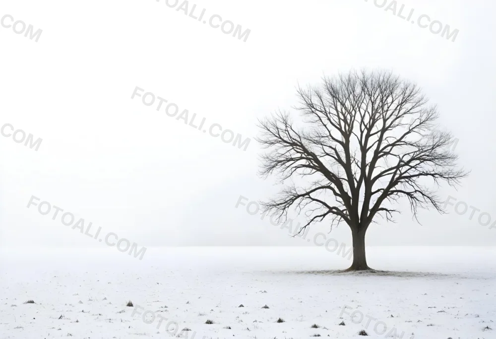 A Lone Bare Tree In A Snowy Field On A Foggy Winter Day 24 0e59