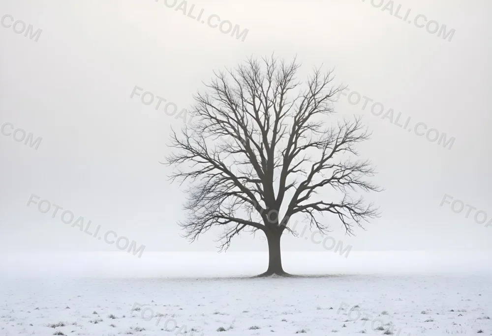 A Lone Bare Tree In A Snowy Field On A Foggy Winter Day 6 002e