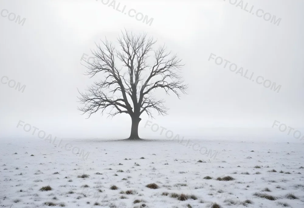 A Lone Bare Tree In A Snowy Field On A Foggy Winter Day 7 433f