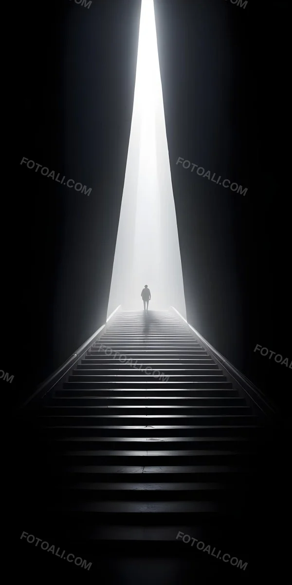 A Lone Person Walking Up A Long Dark Staircase Leading To A Bright Light At The Top In A Dimly Lit Environment 10 Ed05