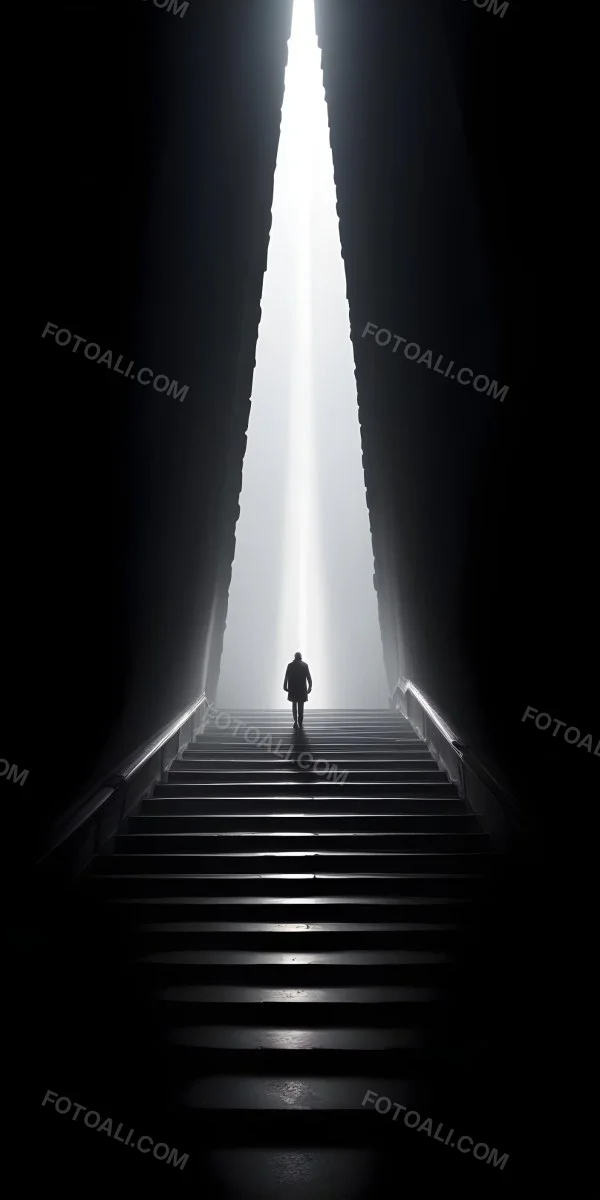 A Lone Person Walking Up A Long Dark Staircase Leading To A Bright Light At The Top In A Dimly Lit Environment 16 6630