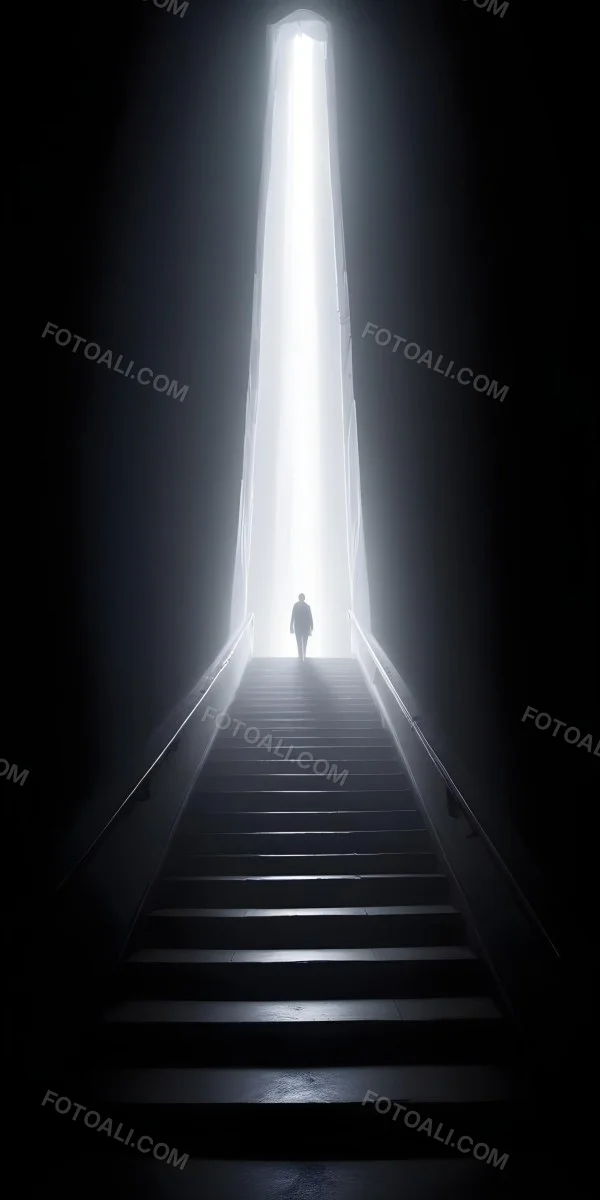 A Lone Person Walking Up A Long Dark Staircase Leading To A Bright Light At The Top In A Dimly Lit Environment 19 Fefd