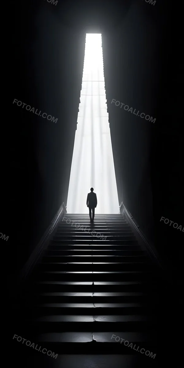 A Lone Person Walking Up A Long Dark Staircase Leading To A Bright Light At The Top In A Dimly Lit Environment 20 Cd2b
