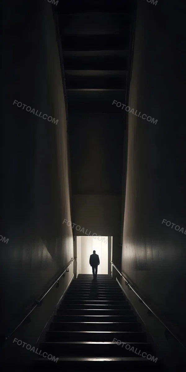 A Lone Person Walking Up A Long Dark Staircase Leading To A Bright Light At The Top In A Dimly Lit Environment 23 B174