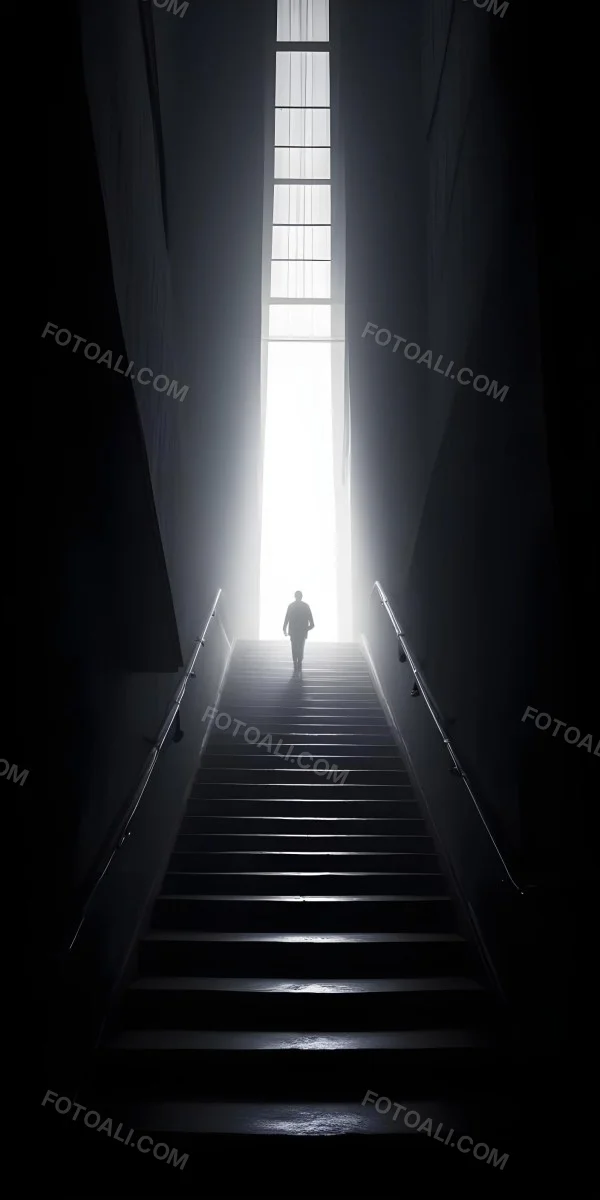 A Lone Person Walking Up A Long Dark Staircase Leading To A Bright Light At The Top In A Dimly Lit Environment 27 Cd9f