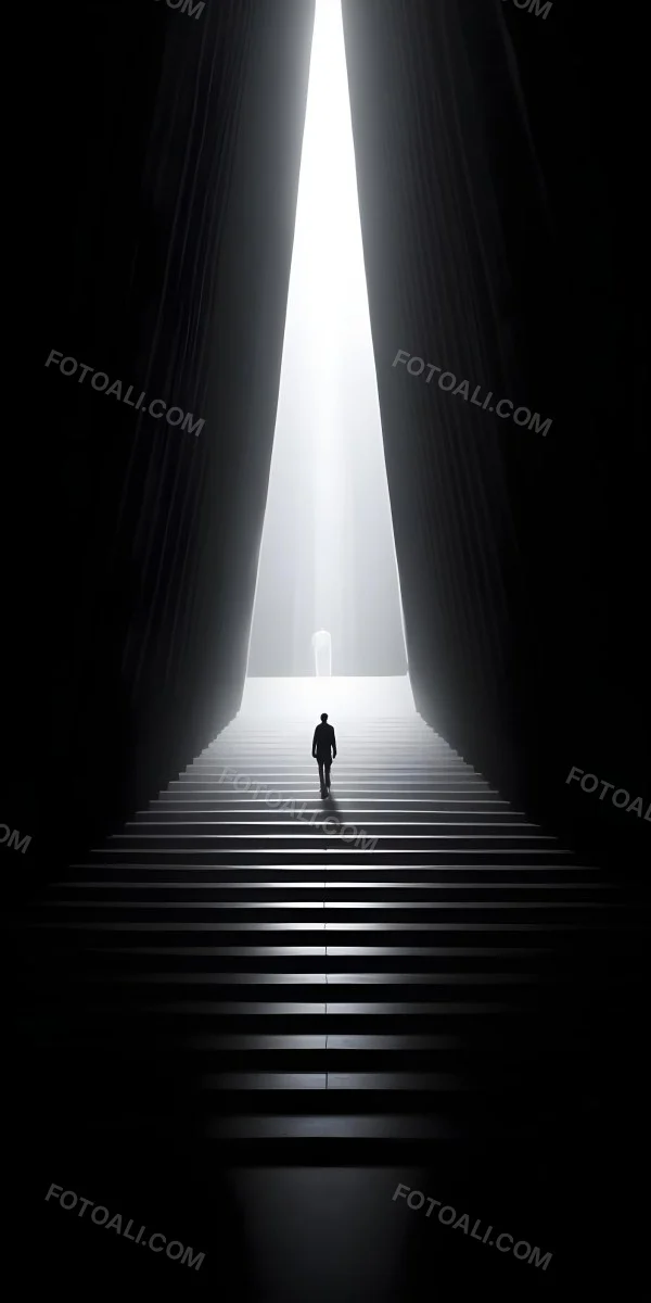 A Lone Person Walking Up A Long Dark Staircase Leading To A Bright Light At The Top In A Dimly Lit Environment 28 8203