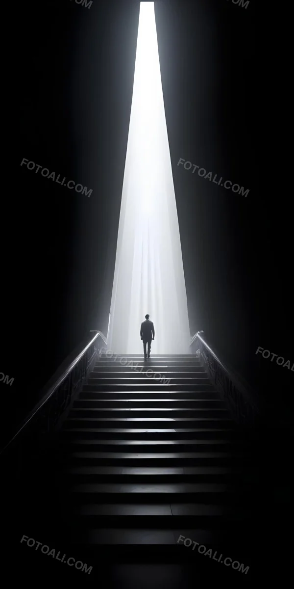 A Lone Person Walking Up A Long Dark Staircase Leading To A Bright Light At The Top In A Dimly Lit Environment 29 B3ef